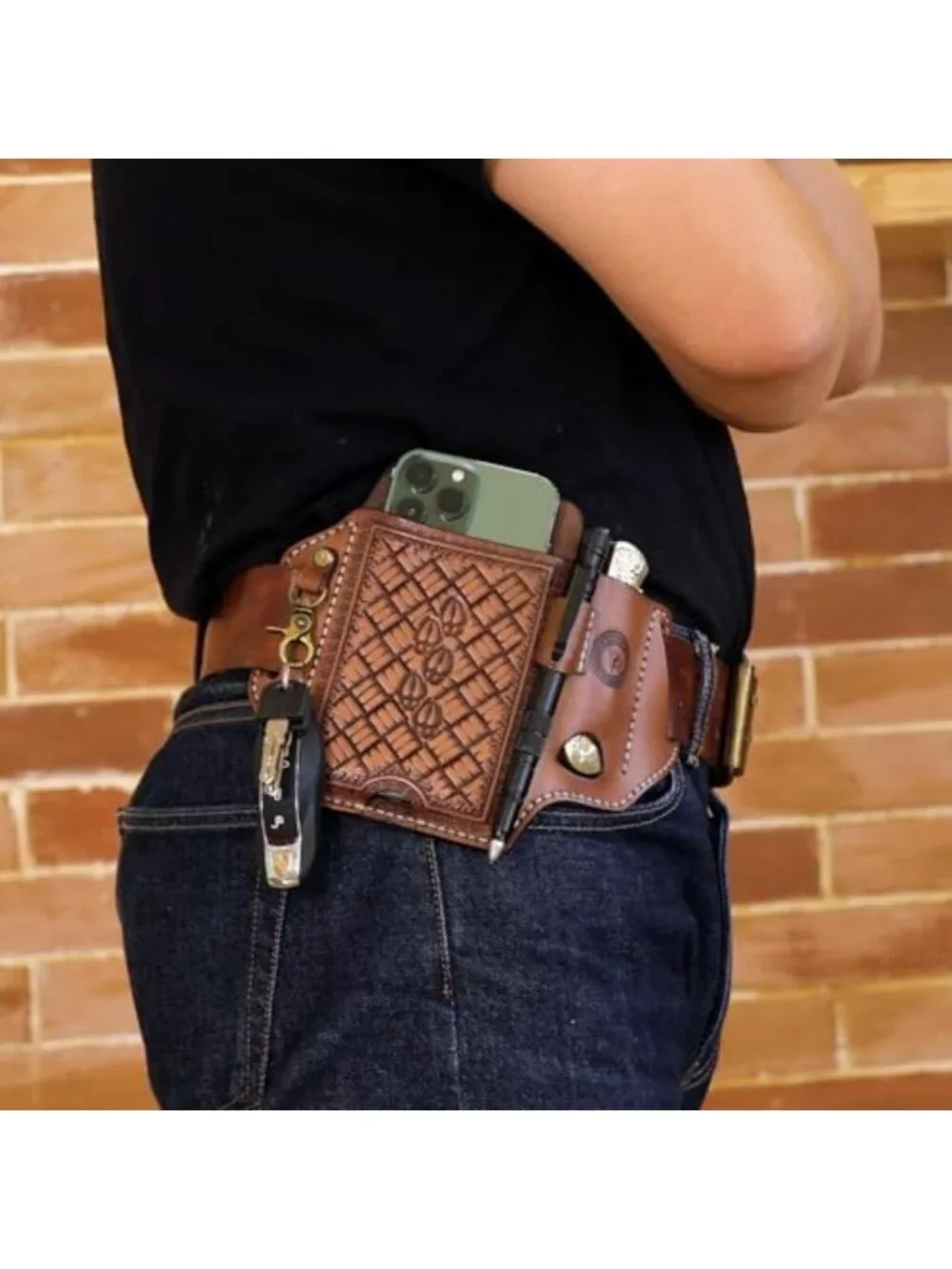 Versatile Leather Cell Phone Holster Case with Knife Sheath, Pen Slot & Key Clip